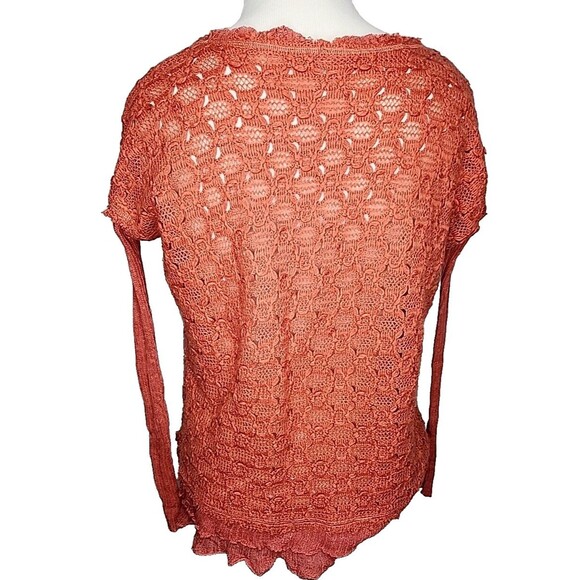 Free People Women's Sweater Open Knit Ruffle Hem Pullover Coral Orange S EUC - Picture 3 of 7